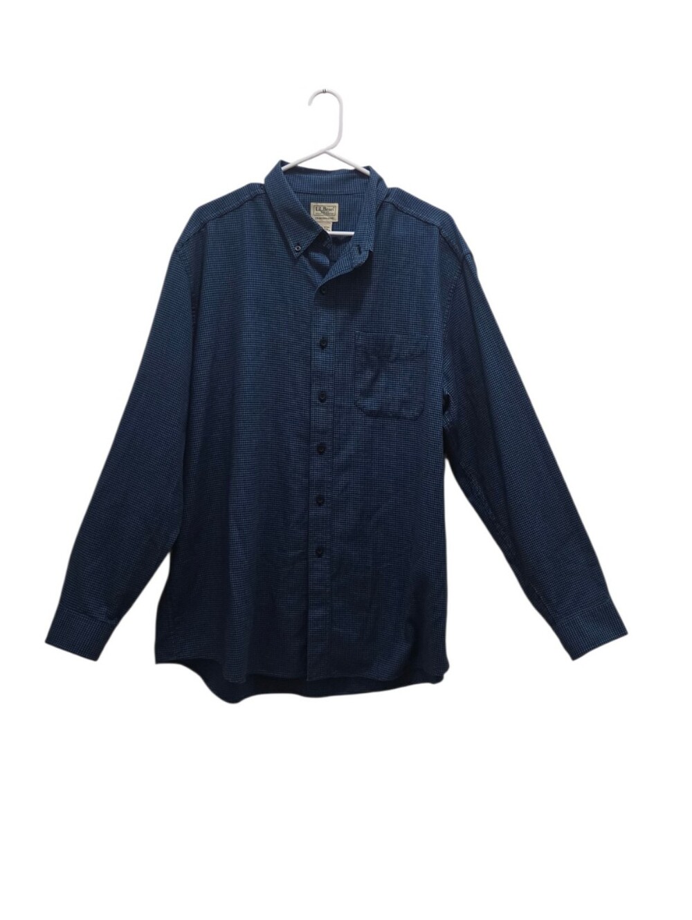 LL Bean Mens XL Blue Black Houndstooth Cotton Button Down Shirt Traditional Fit